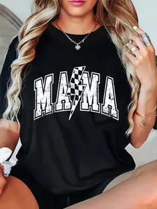 100% Cotton  Unisex Mama Lightning Bolt Checkered Varsity Mom Women Mother'S Day T-Shirt Golf Gift T-Shirt For Men And Women