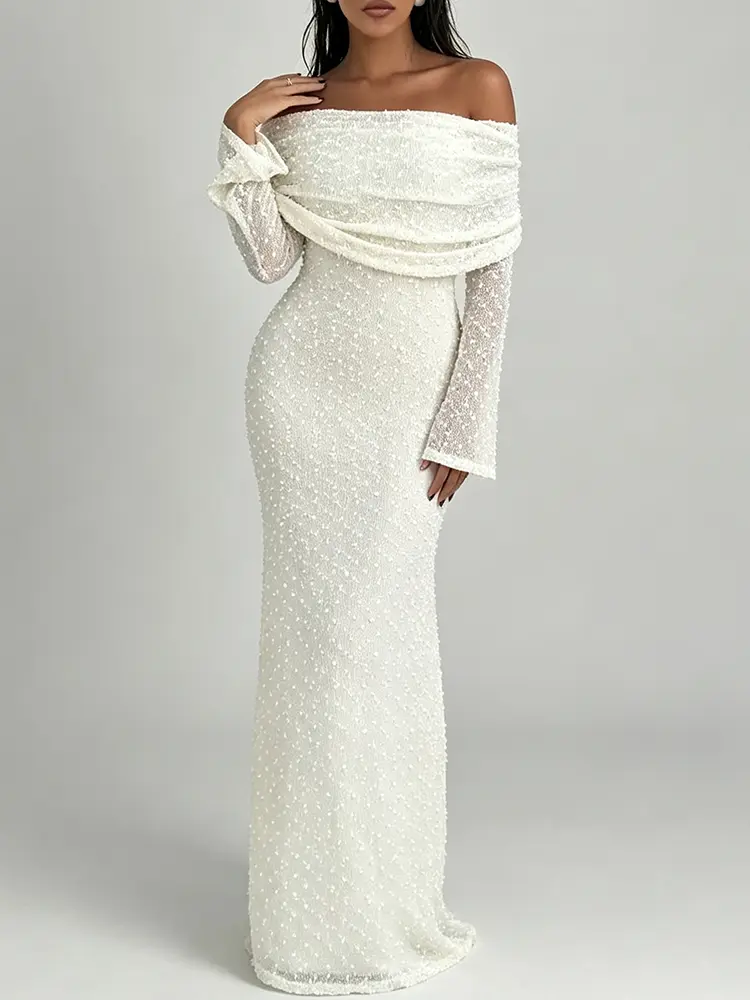 Women's White Off-Shoulder Cowl-Neck Long Formal Dress - Textured Fabric, Bell Sleeves, Slim Fit, Bodycon Silhouette, Hand Wash, All Seasons, Elegant Option for Wedding Guests (Note:Runs 1 size smaller; order 1 sizelarger)