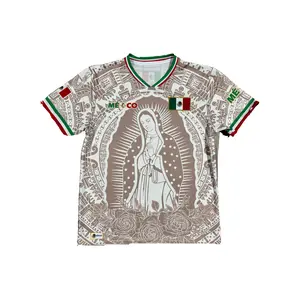 Mexico Virgencita Beige Unisex Jersey With Mexican Flag Accents and de Guadalupe Graphic Short Sleeve for Casual Wear Sports or Cultural Events