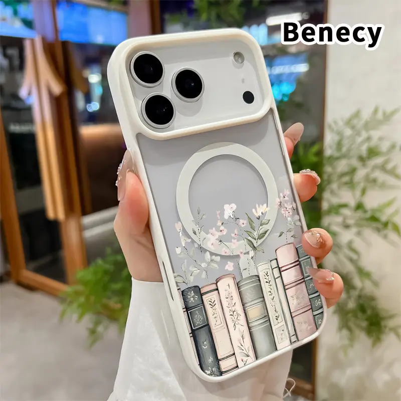 Magnetic Phone Case for iPhone 17 16  Pro Max Plus 15 14 13 12 11 Air E Floral Book Charm Pattern Non-Yellowing Shockproof Soft Silicone Transparent Acrylic Cover Supports Wireless Charging Protective Smartphone Casing