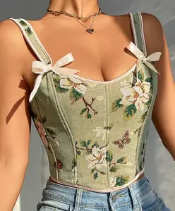Popular Corset Elegant Flower Bustier for Female French Shaping Girdle LaceUp Tanks Top for Cosplay Party Theme Event Dark Green