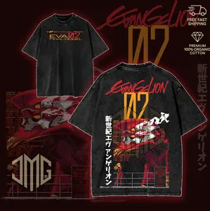 EVA-002-Neon Genesis Evangelion Washed Heavy Cotton T-Shirt | Unisex Anime Manga Tee and Evangelion Fans Fabric Menswear Top Tshirt Clothing Collar Seamless Oversized Streetwear Hoodie Kangaroo graphic sweatshirt merch gift