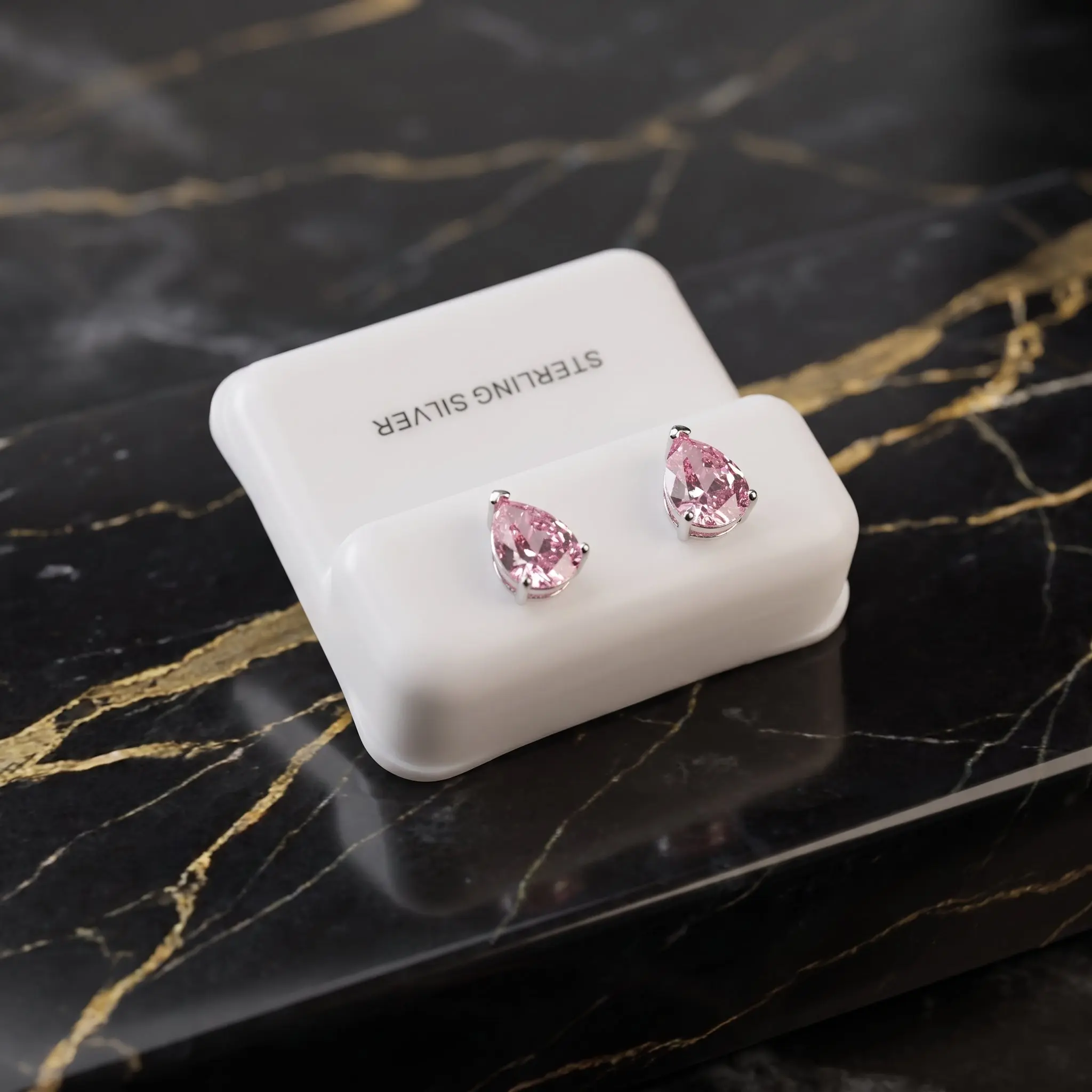 Pear Cz Earrings Pink Saphire 925 Sterling Silver 6x9mm