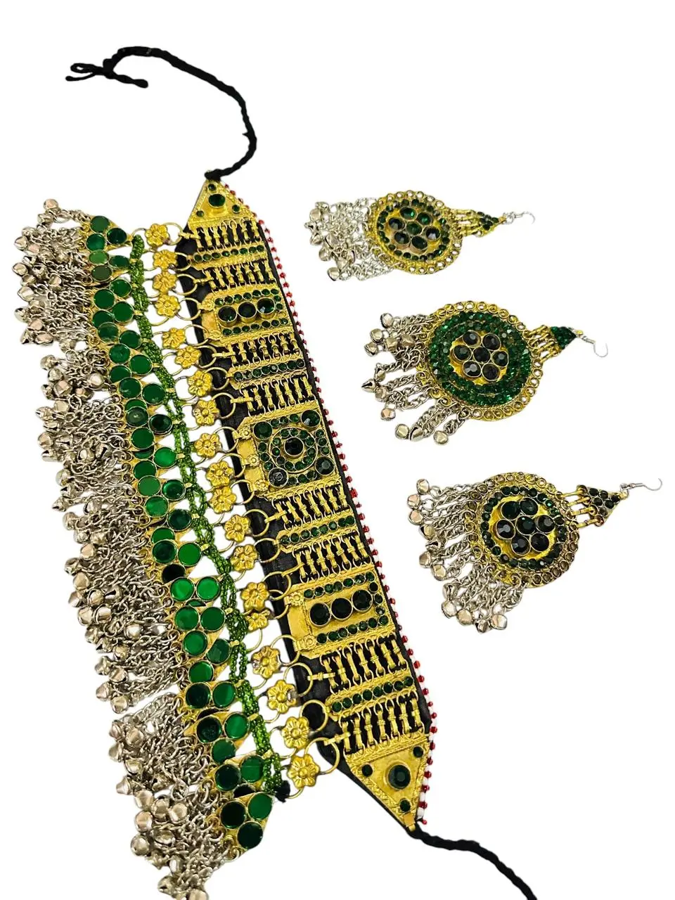Women's Handcrafted Afghan Tribal 2-Piece Chain Necklace & Hook Earrings Set - Antique Golden Ethnic Artisanal Jewelry, Beaded Choker with Green Stones & Bells for Weddings, Boho Costume Accessory, Chain Necklace Set