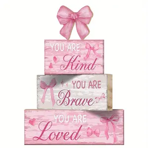 4 Pieces Pink Bow Room Decor Bow Tiered Tray Decor Your are Kind, Brave, Loved Centerpiece Wooden Signs for Farmhouse Home Office Entryway Preppy Coquette Inspirational Table Decorations Novelty Decor