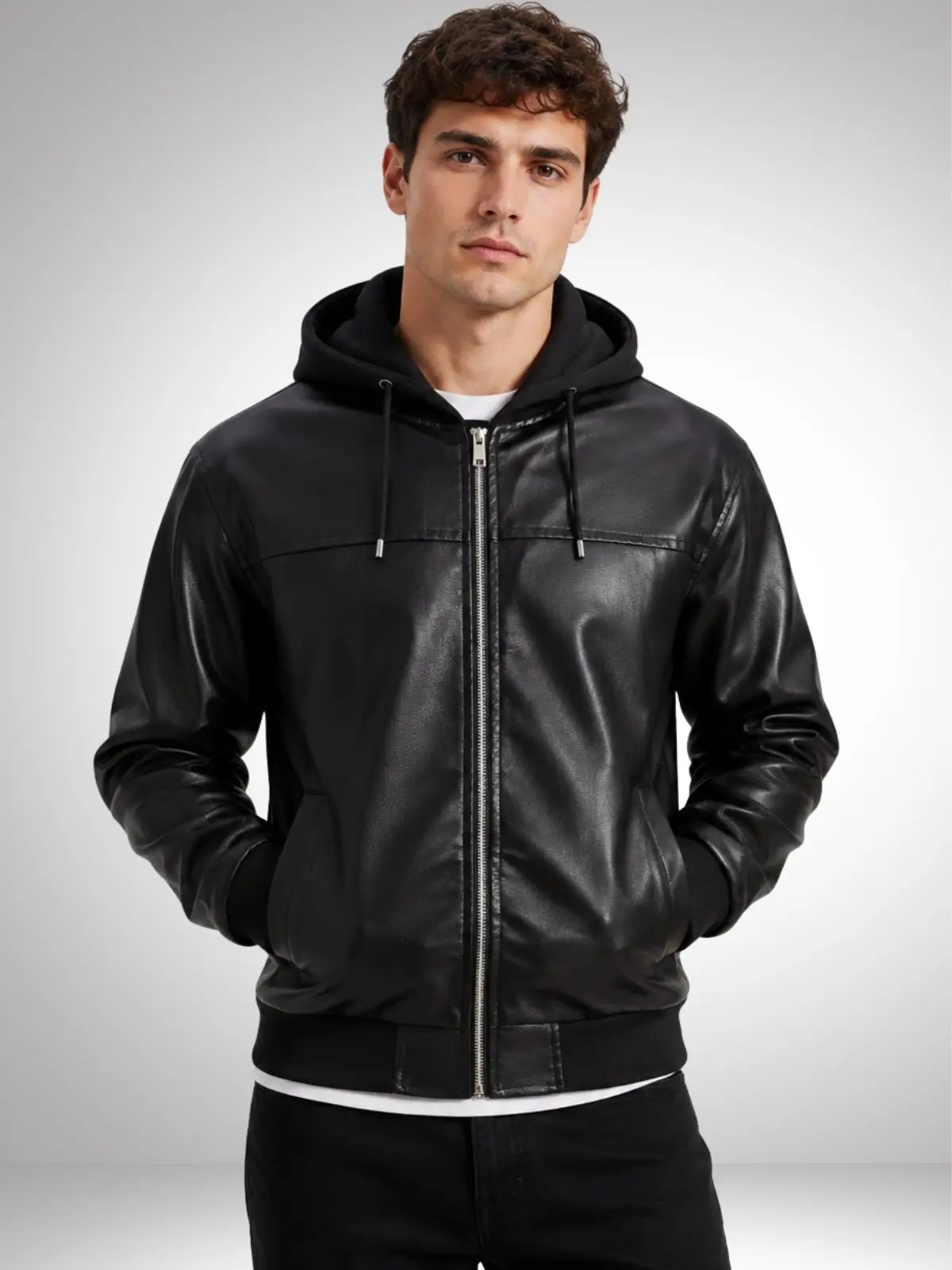 Men’s detachable hood leather jacket, vintage zipper loose biker outerwear