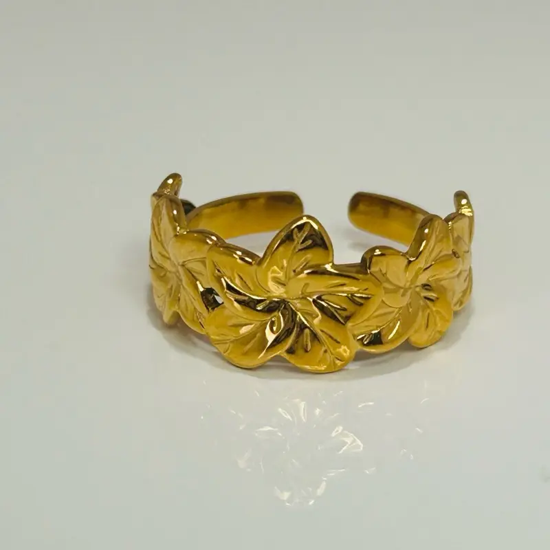 Hibiscus Flower Adjustable Ring | Gold Stainless Steel Tropical Ring | Waterproof Summer Jewelr