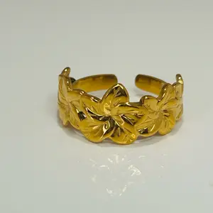 Hibiscus Flower Adjustable Ring | Gold Stainless Steel Tropical Ring | Waterproof Summer Jewelr
