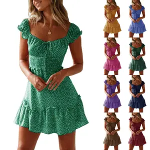 Fessceruna Womens Smocked Dress Ruffle Floral Tie Front Boho Short Dresses