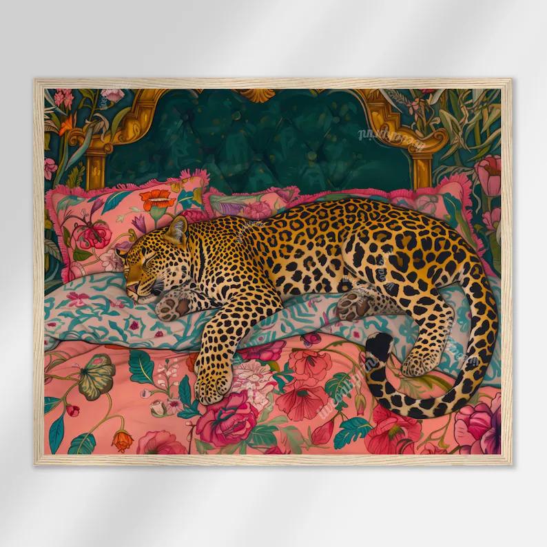 Sleepy Leopard in a Vintage Bed Print - Pink & Emerald Green Maximalist Wall Art - Jungle Bedroom Decor