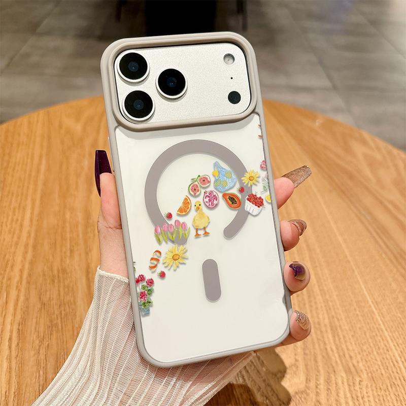 Adorable Duck Surrounded By Colorful Fruits Phone Case Featuring A Soft Tpu Back With Built-In Strong Magnet Ring, Blending Smooth Macaron Texture With Secure Magsafe Compatibility For iPhone 17 16 15 14 13 12 11 X XS