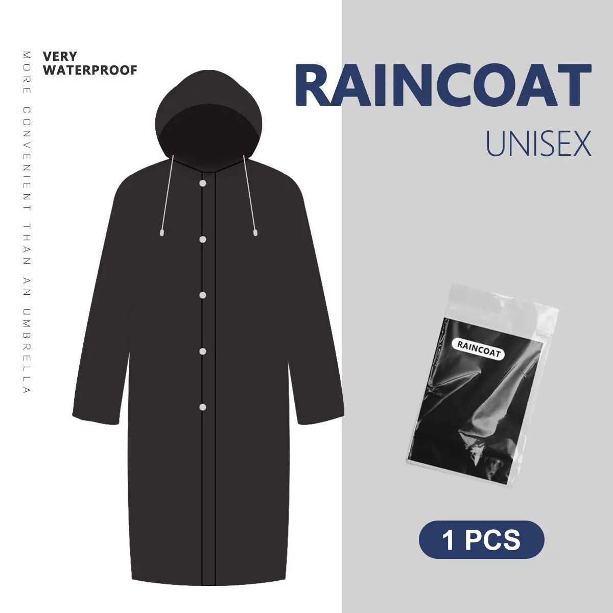 1pcs Adult Black Waterproof Outdoor Raincoat with Hat, Rainproof Long Jacket for Hiking, Outdoor Activities