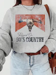 Women's Loose Vintage Round Neck Sweatshirt, 90s Style Bull Pattern, Fall Winter Warm Soft Casual Pullover, Daily Wear, Travel, Outdoor Activities