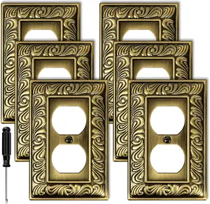 Antique Brass Duplex Outlet Cover Paisley  Decorative Wall Plates for Electrical Outlet, Metal  Plates and Receptacle Cover for Kitchen Bathroom (1 Gang Duplex Outlet-6 Pack)