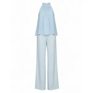 Women's Smooth Sleeveless A-Line Loose Fit Breathable Soft Fabric Wide Leg Pants Set, Versatile Lightweight Cool Fabric Two-Piece for Summer, Flattering Striped Casual Outfit