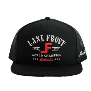 Lane Frost World Champion Bull Rider Embroidered Trucker Hat, Black Flat Bill Snapback Mesh Cap, Vintage Rodeo Western Cowboy Hat for Men and Women