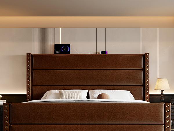 [Summervibes]Modern Brown/Black Leather Bed Frame with USB Charging, Tall Upholstered Headboard, No Noise, Easy Assembly – Bedroom Upgrade Must-Have