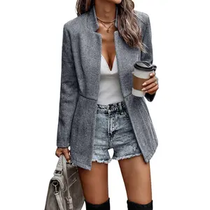 Women's Grey Herringbone Pattern Fitted Blazer Outfits Business Attire Clothes Long Sleeve V Neck Jacket Slim Jacquard Patchwork Elegant Commuting Thickened Tweed Cardigan Without Buttons Lapel