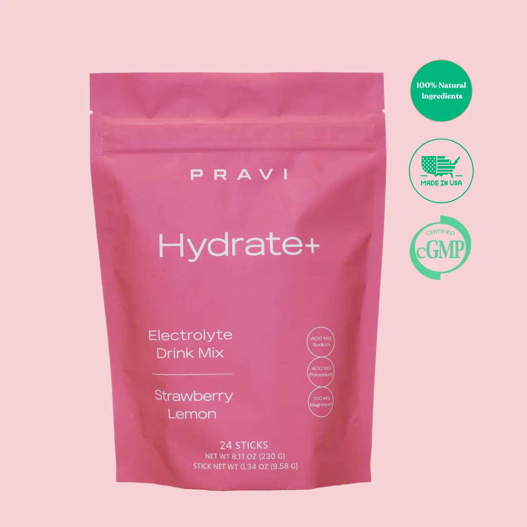 PRAVI Hydrate+ Electrolyte Drink Mix Strawberry Lemon 24 Sticks 2000 mg Electrolytes Taurine L-theanine Organic Sugar