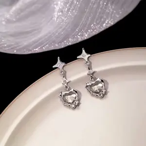 Kpop Irregular Crystal Star Chain Tassel Earrings for Girls Y2K Rhinestone Cross Star Tassel Earring Piercing Geometric Earrings Women Jewelry Drop Earrings