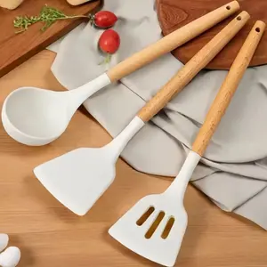 3pcs Silicone Cooking Utensils Set, Perfect Angle for Frying Mixing Serving Turning Stirring, Non-Stick Coating, Wood Handle, BPA Free