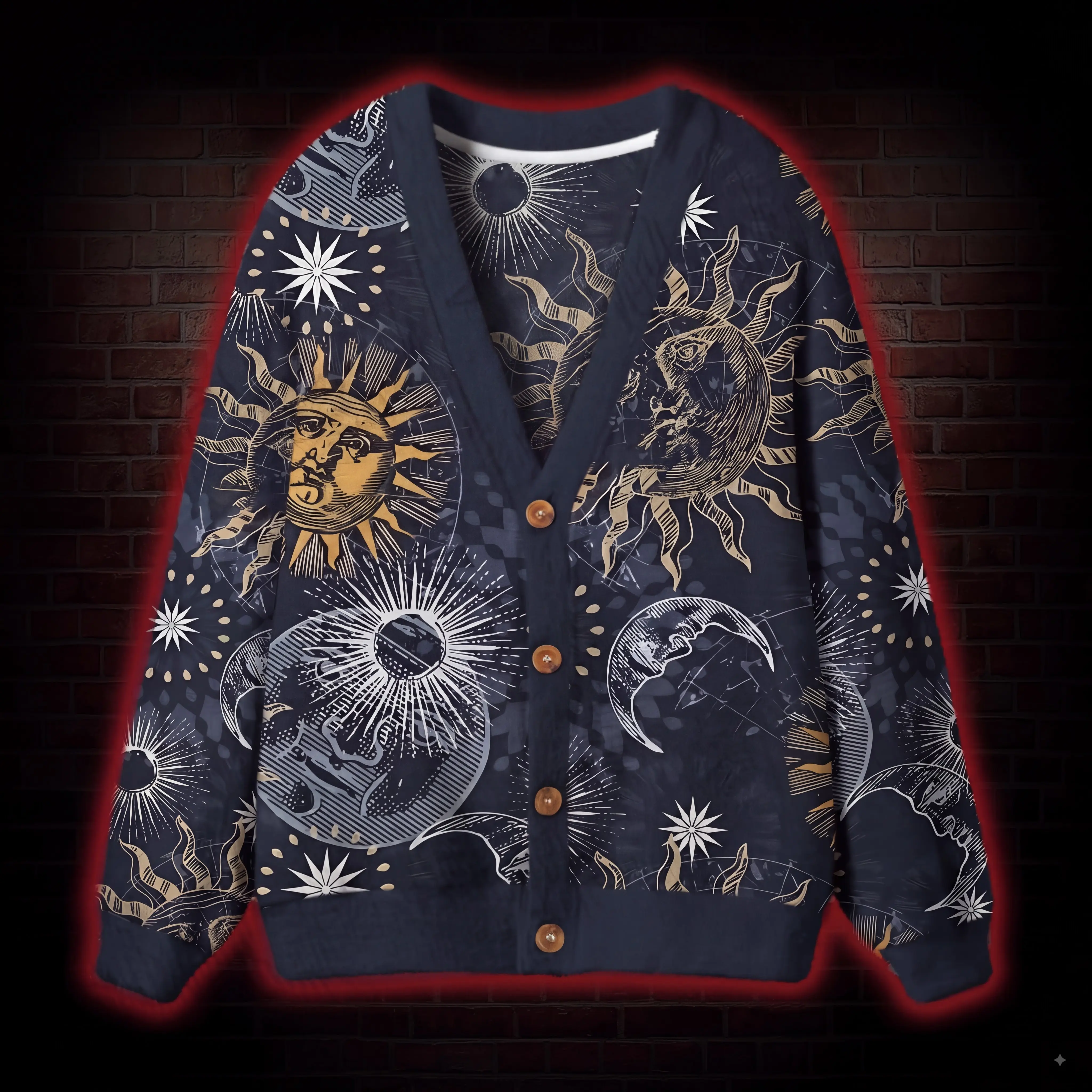 Celestial Sun And Moon Tarot Cardigan Sweater, Spooky Season Witchy Aesthetic V-Neck Button Down Top, Alternative Grunge Streetwear Outerwear