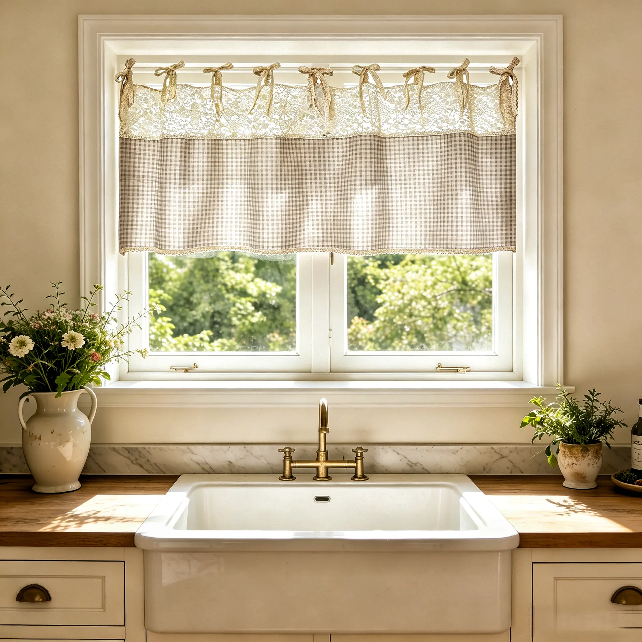 1PC Tie Top Plaid Kitchen Curtain Valance for Dining Room Small Windows Retro Gingham Linen Cafe Curtain Short Vintage French Window Treatment Tiers Bathroom Farmhouse Valance
