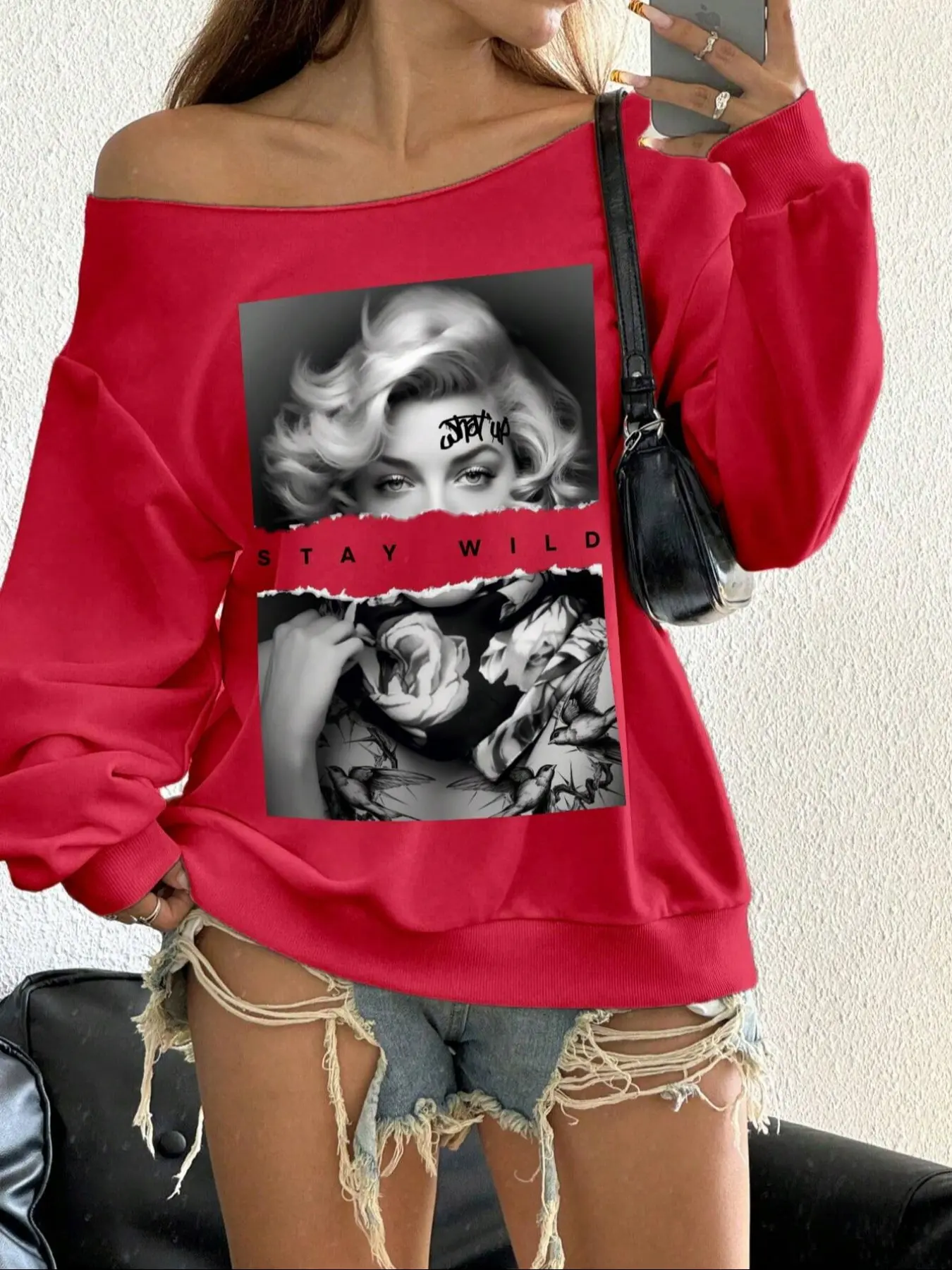 Women's Graphic Print Loose Fit Long Sleeve Asymmetrical Shoulder Top Pullover Sweatshirts, Womenswear, Casual Y2K Style Fall & Winter Fashion, Perfect for Parties and Leisure Outings