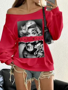 Women's Graphic Print Loose Fit Long Sleeve Asymmetrical Shoulder Top Pullover Sweatshirts, Womenswear, Casual Y2K Style Fall & Winter Fashion, Perfect for Parties and Leisure Outings
