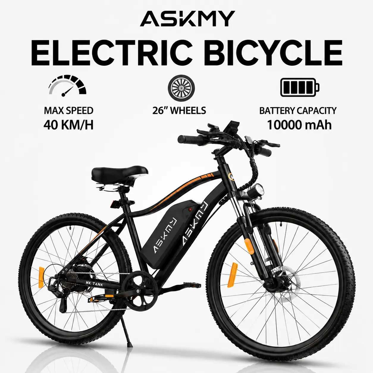 ASKMY Adult Electric Bike | 1000W Motor | 26" Aluminum Mountain Bike | 30–40 Miles PAS Range | Removable Long-Range Battery | 7-Speed Gear System | Front & Rear Disc Brakes | Strong Suspension | UL Certified