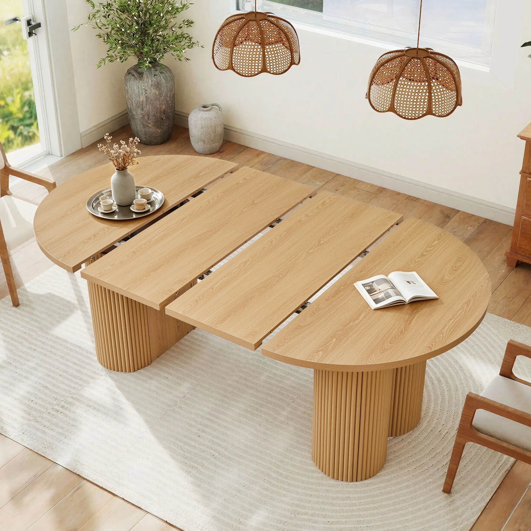 [Ships in 2 Packages] Giratree 43.31"-74.8" Expandable Dining Table for 2-8 People, Round to Oval Extendable Kitchen Table with 2 Extension Leaves, Fluted Pedestal Legs for Dining Room