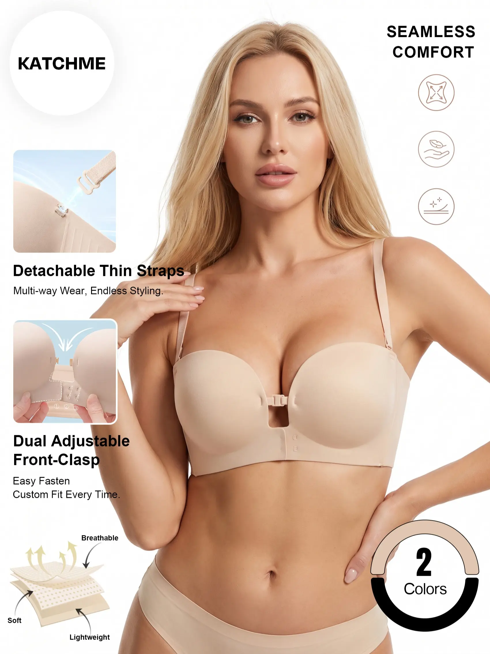 Katch Me Chic Women's Versatile Seamless Adjustable Front-Clasp Wire-Free Bra, Curves Friendly Detachable Strap Push-Up Bra, Prevent Sagging Lingerie, Soft & No Irritation for All-Day Wear #TikTokMadeMeBuyIt #Bralette #CleanGirl