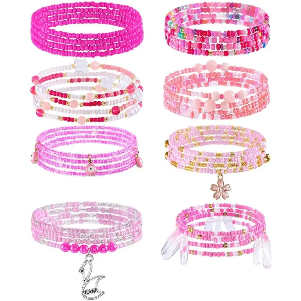 African Waist Beads for Women, 8Pcs Colorful Glass Bead Belly Chains, Elastic Body Jewelry with Shell & Butterfly Pendants, Fits 24-47 Inch, Celebration