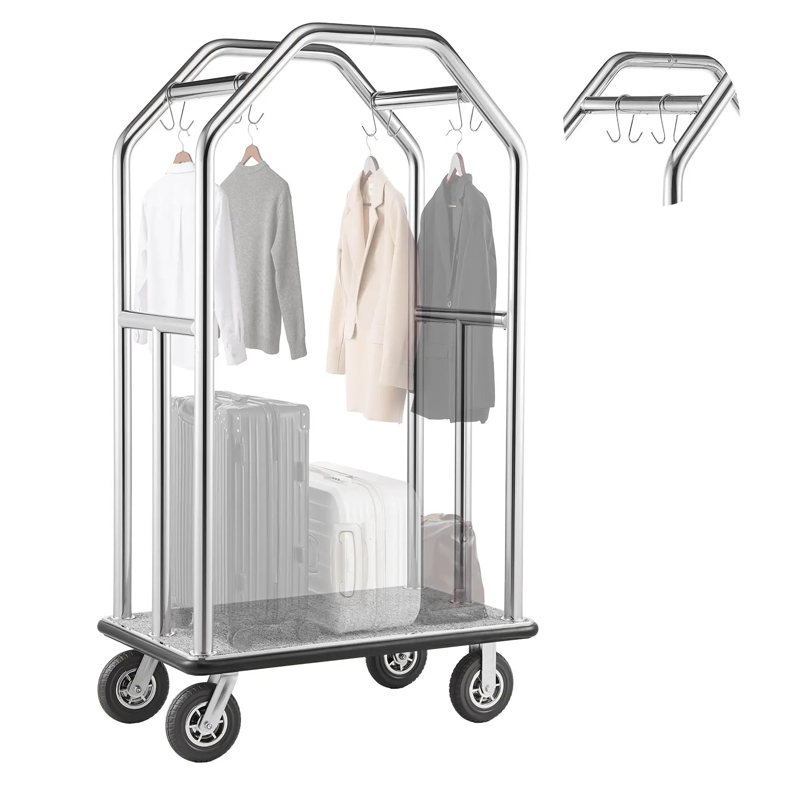 【DealsForYouDays】VEVOR Heavy-Duty Bellman Luggage Cart, 1500 lbs Capacity Stainless Steel Frame, 8 in Rubber Wheels, Gray Carpeted Deck, 85.8 lbs Weight, 1080x640x1870 mm (42.5x25.2x73.6 in), Commercial Rolling Carrier for Hotels, Apartments, Silver, Anti