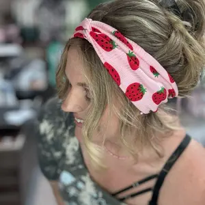 Buttery Soft Ribbed Strawberry Front Knot Headband | Stretchy Legging Material Hair Band