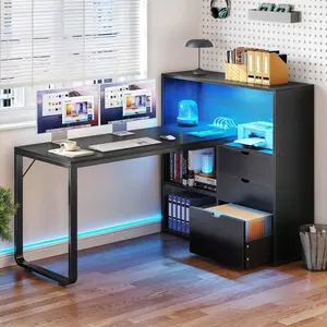 Black Modern 55.1" L-Shaped Desk, 2 USB Ports+4 Power Outlets RGB LED Corner Desk, 3 File Drawers 3-Level Adjustable Shelf, P2 MDF Metal Frame For Office Study Room