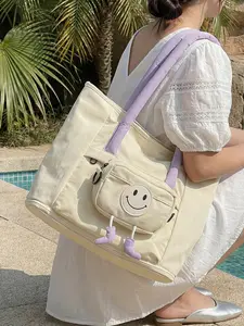 1pc  Smiling face large capacity tote bag, lightweight shoulder bag with zipper closure, fashionable and versatile, can be carried by hand or slung over, suitable for commuting and travel items, practical and eye-catching, lightweight tote bag