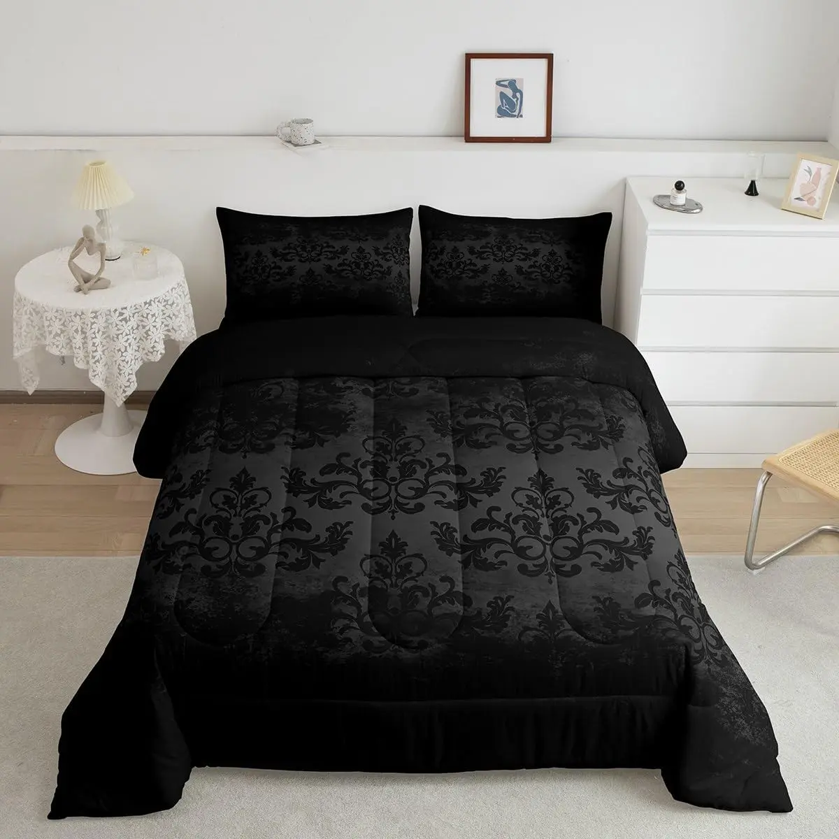 Jacquard Bedding Set,Black Damask Comforter Set,Room Decor Abstract Comforter,Black Super Soft All Season Duvet Set for Boys Girls Teens, Comfy Bed Sets, Breathable Duvet Set