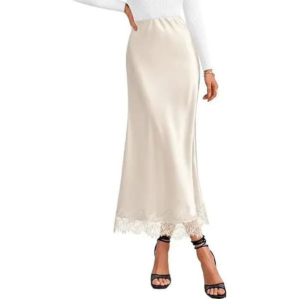 ZESICA Women's Lace Satin Maxi Skirts Business Casual | High Waisted, Lace Trim, Hidden Elasticized Waistband, Fall Fashion 2026, Wedding Guest Long Skirt, Date, Party, Work, Formal