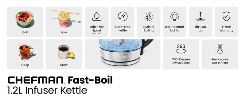 Chefman Rapid Boil 1.2L Electric Tea Kettle with Tea Infuser and Removable Lid - Stainless Steel