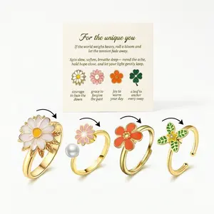 NBR16 4pcs Anti Anxiety Ring Spinning Flower Stress Relief Ring Set for Women: Adjustable Open Daisy Leaf Fidget Rings Stackable Ring, Gold-Plated Gift for Her Birthday Graduation Anniversary Christmas Thanksgiving Day Gift with Inspirational Card