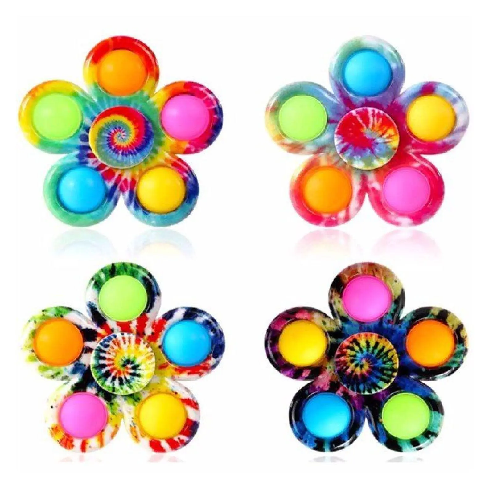 4-Pc ABS Plastic Flower Shaped Pop Fidget Spinner Toys Set - Unisex Bubble Sensory Toys for Kids, Fidget for Adults - ADHD Stress Relief Party Favors
