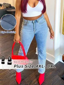 Plus Size Elastic Washed Casual Fashion Straight Leg Jeans Pants for Women, Loose Fit Long Denim Jeans for All Seasons, 5xl-8xl, Basic