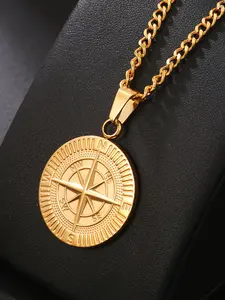 Stainless Steel Hip Hop Compass Pendant Necklace, Unisex Round Disc Charm, Perfect Gift for Any Occasion, Trendy Jewelry
