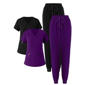 2-piece women’s medical workwear set – elastic, breathable V-neck top and drawstring pants with functional pockets – purple and black – minimalist fit – machine washable, durable, suitable for healthcare professionals GARMENTARY