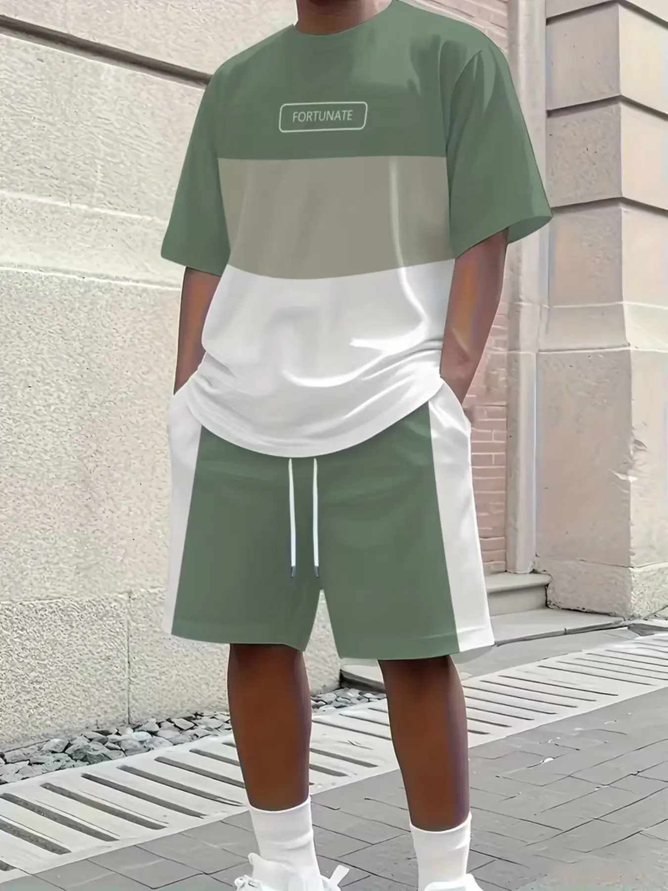 Trendy Colorblock Men's Set Outfit, Essential Summer Streetwear, Casual Fitted Style, All-Over Print, Perfect for Youthful Fashion, Short, Sleeve, Clothes, Menswear