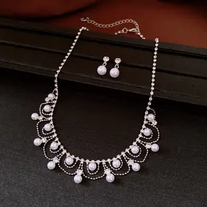 2-Piece Pearl & Crystal Jewelry Set for Women – Adjustable Silver Plated Necklace & Drop Earrings | Elegant Bridal & Formal Jewelry for Weddings, Parties & Daily Styling