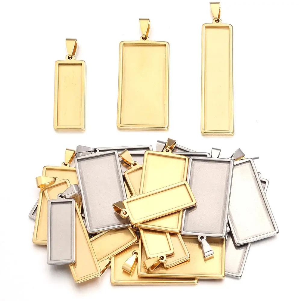 2pcs/lot Rectangular Stainless Steel Pendant Cabochon Base Bezel Blank Fit Cabochon Necklace Jewelry Making Blank Pendants Tray