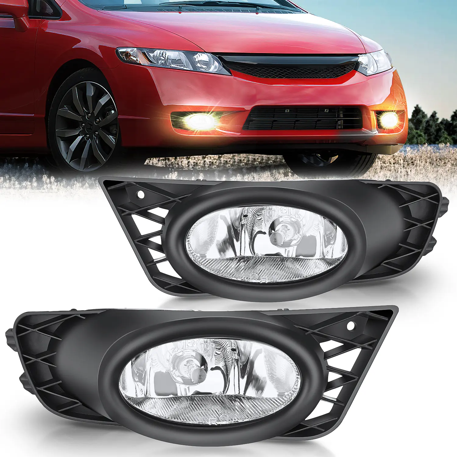 Nilight Fog Light Assembly Pair Set, 55W Power H11 Bulbs, 12V High Penetration Clear Lens Fog Lamps, Factory Look Replacement for 2009-2011 Honda Civic 4-Door Sedan Automotive Car Accessories
