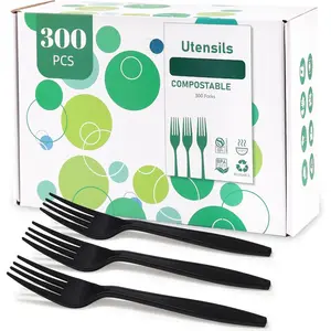 300 Count Compostable Forks, Non Plastic Forks, Black Disposable Forks, Heavy Duty Plastic Silverware,  Compostable Utensils for Party Wedding Picnic